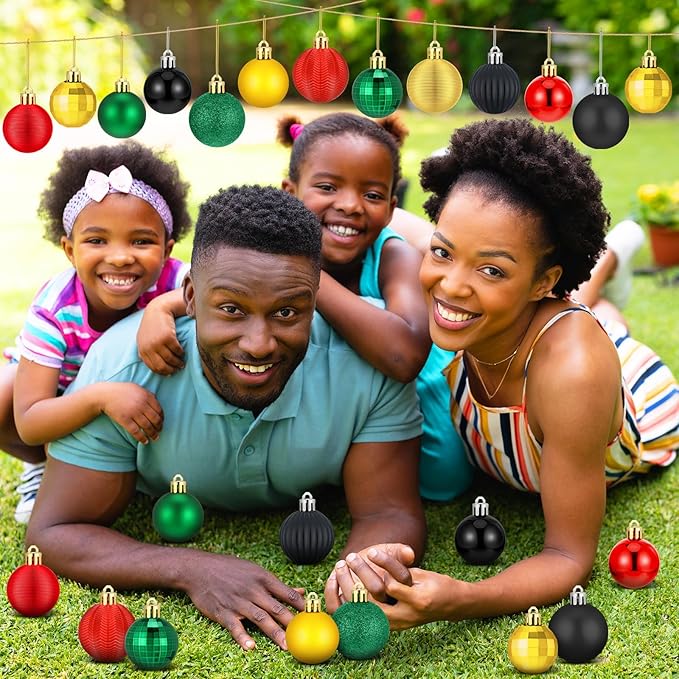 64 Pcs Black History Month Christmas Ball Ornaments Decoration Glitter Matte African American Ornament 1.6/1.97/2.4 Inch Assorted Black Red Yellow Green Xmas Baubles for Home Tree Party