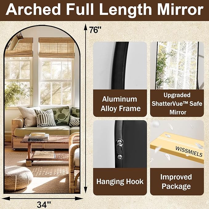 Arched Black Full Length Mirror, 22"x68" Large Floor Mirror with Stand,Hanging or Leaning Full Body Mirror with Aluminum for Living Room and Bedroom