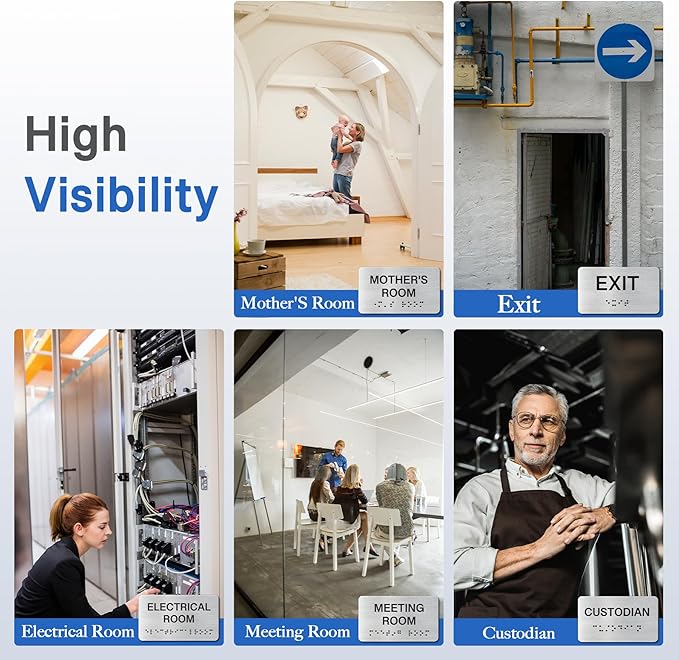 Exit Signs with Raised Text & Grade 2 Braille, Brushed Aluminum/Silver Finish Easy Install with Double-Sided Tape, ADA Compliant Exit Signs for Businesses & Offices