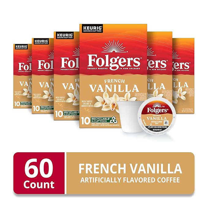 Folgers French Vanilla Artificially Flavored Coffee, Keurig K-Cup pods, 10 Count Box (Pack of 6)