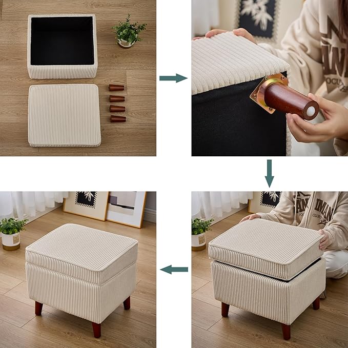Storage Ottoman with Adjustable Lid, Soft Step Stool, Footrest and Seat, Ottoman Foot Rest for Living Room, Bedroom, Dorm, Beige