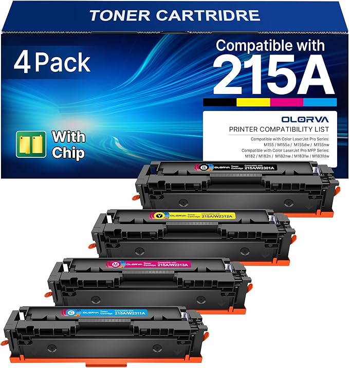 215A Toner Cartridges 4 Pack (with Chip) - Replacement for HP 215A Toner Cartridges, Works with HP Color Laser Jet Pro MFP M183fw M182nw M182n M182nw M155a M155dw Printer | W2310A W2311A W2312A W2313A