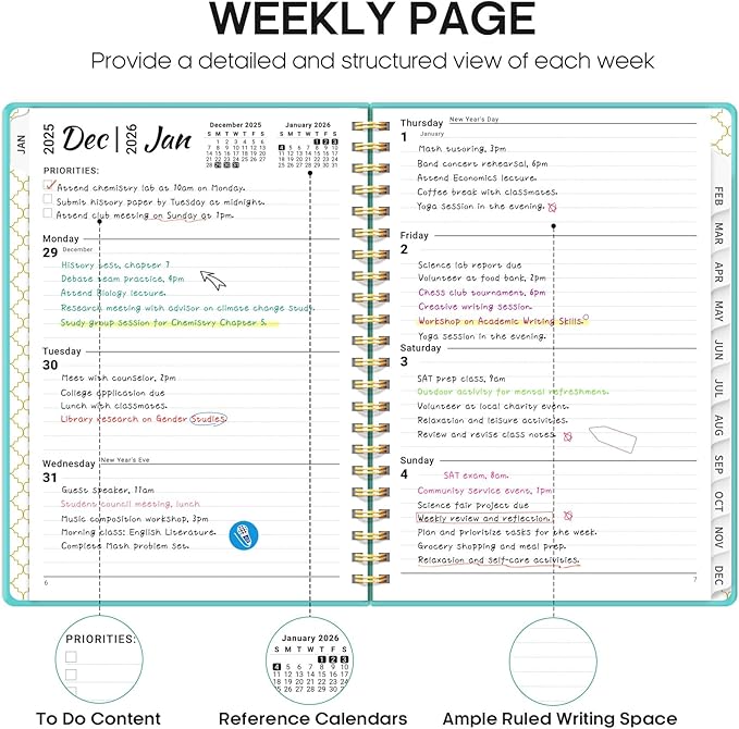 2026 Planner, Weekly and Monthly Calendar Planner, January 2026 - December 2026, Hardcover 2026 Calendar Planner Book with Tabs For Women & Men, Inner Pocket, Spiral Bound, Perfect for Office Home School Supplies - A5 (6.3" x 8.5"), Aquamarine