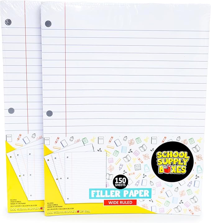 School Supply Boxes | Wide-Ruled Loose Leaf Paper | 12 Pack | 150 Sheets Per Pack, 3-Ring Binder Compatible