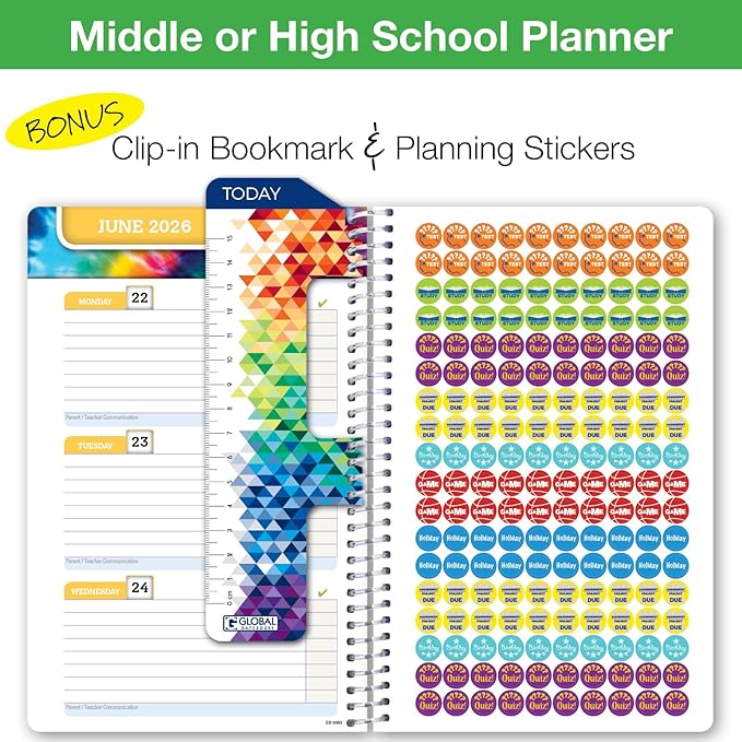 Global Datebooks Dated Middle School or High School Student Planner for Academic Year 2025-2026 Includes Ruler/Bookmark and Planning Stickers (Block Style - 5.5"x8.5" - Swoosh)