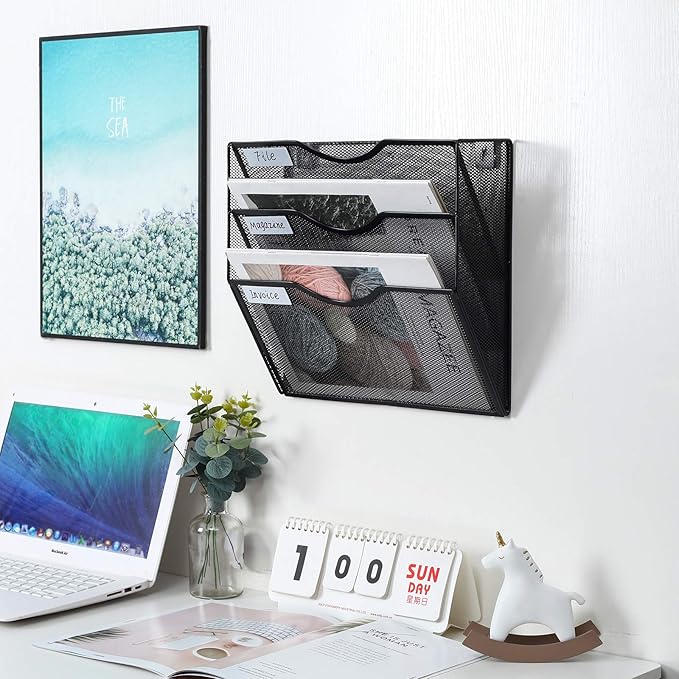 PAG Hanging Wall File Holder Mail Organizer Wall Mount Document Letter Rack, 3-Tier, Black