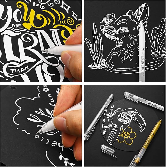 3 Colors 0.8mm Extra Fine Point 6-Pack Gel Pen Set – White, Gold & Silver Gel Ink Pens for Artists Drawing on Black Paper, Sketching, Bullet Journaling & Crafting