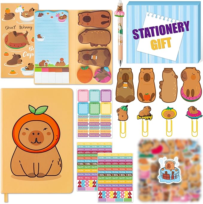 B1ykin Notebook Sticky Notes Stationery Set, 6Pcs Hardcover Ruled Journal Notebook with Planner Stickers, Neutral Pen Bookmarks Clips Birthday Gift for Office Students (Capybara)