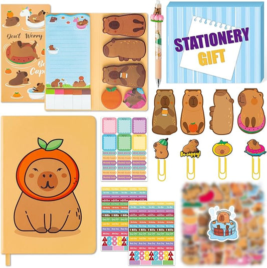 B1ykin Notebook Sticky Notes Stationery Set, 6Pcs Hardcover Ruled Journal Notebook with Planner Stickers, Neutral Pen Bookmarks Clips Birthday Gift for Office Students (Capybara)
