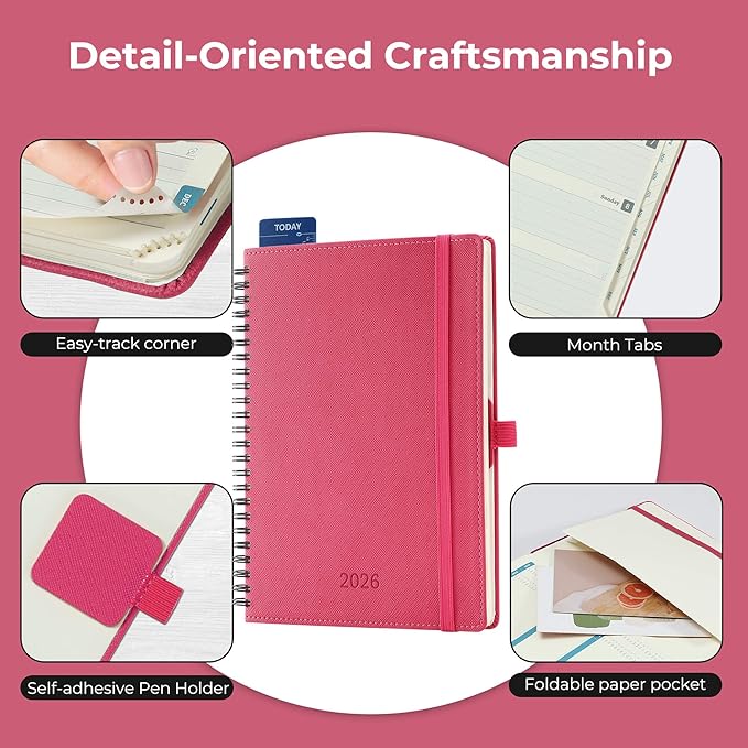 Planner 2026 Daily Weekly and Monthly,8.5"x6.5",12 Months Spiral Bound Calendar Agenda with Self-adhesive Pen Holder,2026 Appointment Book with Vegan Leather Soft Cover,Rose Red