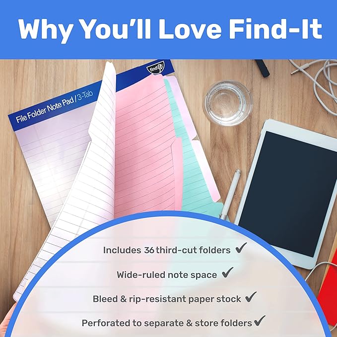 Find It File Folder Notepad - Pack of 36-9.5 x 12.5 Inch Notebook Organizer Folders for Filing, Document, and Clipboard Organization - Tie-Die