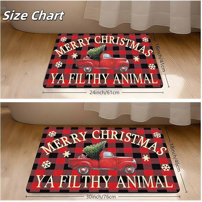 InterestPrint Merry Christmas Buffalo Plaid Truck Doormat, Red Plaid Door Mats with Non-Slip Backing Welcome Matt Outdoor Non Slip Rubber Entry Doormat Entrance Mat, 18" x 30"Inch