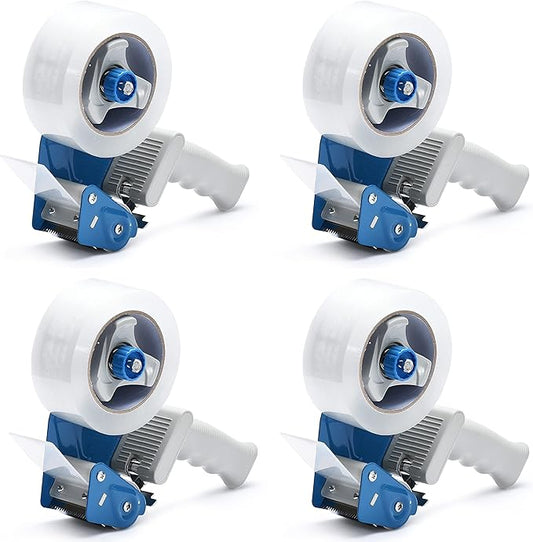 Packing Tape Dispenser Gun (4 Packs) Pacific Mailer 2 Inch Tape Gun Dispenser with 2 Inch Carton Packing Tape, Lightweight Industrial Side Loading Tape Dispenser - Blue