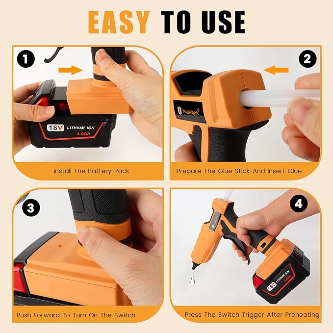 Mulwark Cordless Hot Glue Gun 100W for Milwaukee 18V Battery Handheld Wireless Power Glue Gun Full Size with 30pcs Glue Sticks for Wood, Glass, Home Repair, Arts & Crafts & DIY (battery not included)