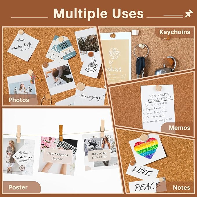 300Pcs Wooden Push Pins,2 Colors and 7 Types Decorative Thumb Tacks, Cute Thumb Tacks, Wood Pushpins for Cork Board, Wooden Thumbtacks for Bulletin Board, Cubicle Wall, Cork Board Accessories