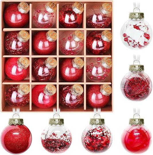 DeckTheHalls Christmas Ball Ornaments Set, 16-Piece Clear Plastic Decor for Crafts, Reusable DIY Festive Tree Decorations, Easy Hang Unbreakable Ornaments for Holiday, Party, Wedding (Red)