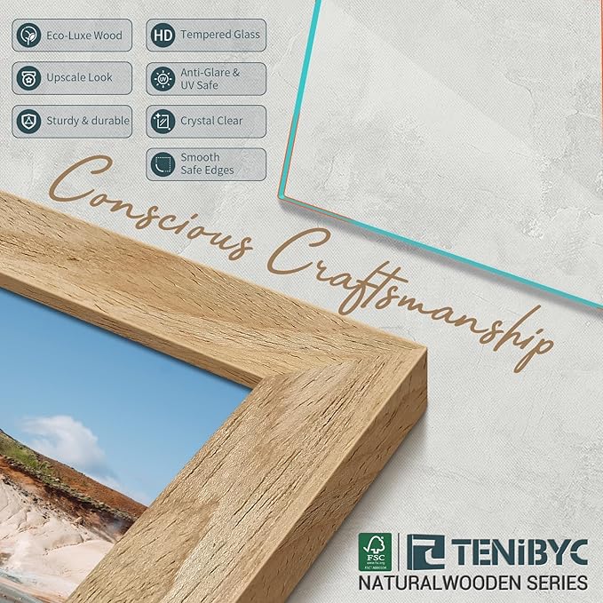 12x16 Picture Frame Set - 4 Pack, Natural Woodgrain, HD Tempered Glass, Wall Gallery Photo Frame