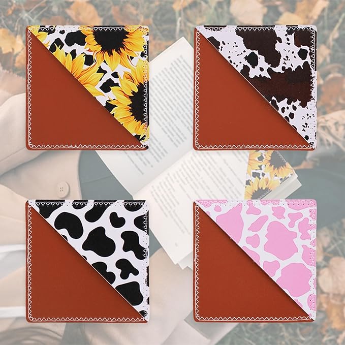 4 Pieces Leather Bookmarks, Cute Book Accessories for Reading Lovers, Page Markers for Women Men Kids Students Teachers Retirement Birthday Gift (Cow Print)