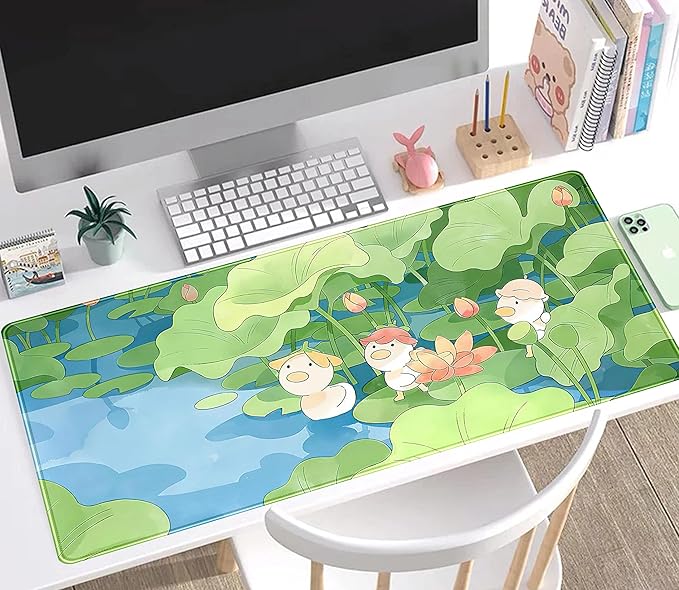 Green Cute Anime Desk Mat Kawaii Cartoon Ducks Gaming Mouse Pad XXL Large Anime Girl Gamer Mousepad Women Office Decor Desk Pad Aesthetic Lotus Leaf Laptop Keyboard Pad Computer Mat 31.5x15.75 in