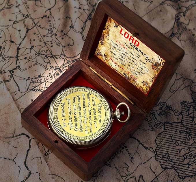 Trust in The Lord With All Your Heart - Proverbs 3:5-6 Quote Engraved Compass With Wooden Box, Greeting Card, Gift Compass, Graduation Day Gifts 2024 for Women Men Boys Girls