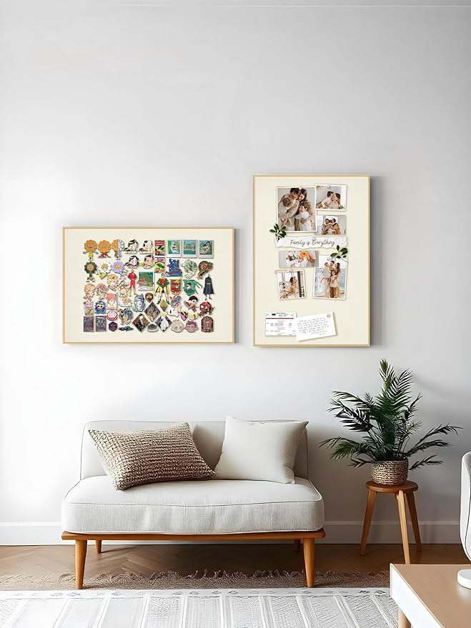 Bulletin Board 30 x 20 inches, Oatmeal White Pin Board, Golden Aluminum Framed Fabric Cork Board with 10 Push Pins