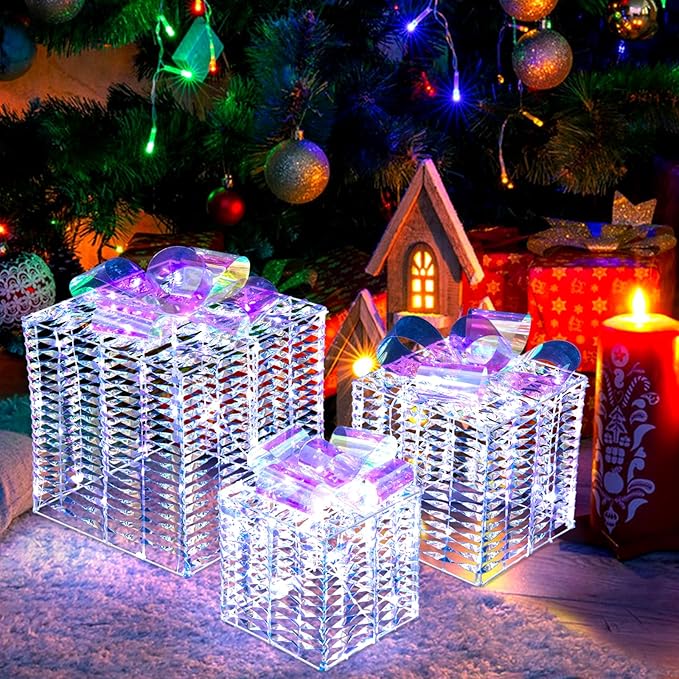 Tangkula Set of 3 Lighted Christmas Iridescent Box, 156 Cold White LED Lighted Present Boxes with Iridescent Bows, Ground Stakes, Light up Box Decorations for Indoor Outdoor, Yard, Lawn