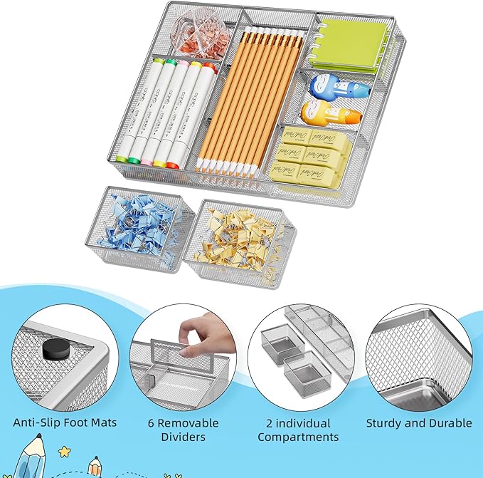 Marbrasse 3 Packs Desk Drawer Organizers, Metal Mesh Dividers with 9 Adjustable Compartments, Pen Organizer for Drawer Tray Box Accessories for Desktop,Kitchen, Makeup(Silver)