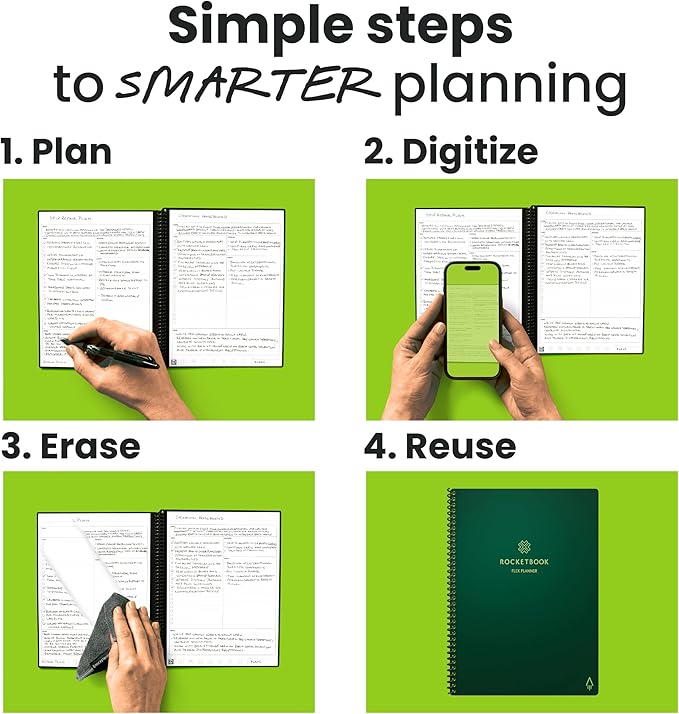 Rocketbook Flex Reusable Planner, Smart Undated, Daily, Weekly, Monthly, Annual Calendar Templates, Executive Size 6X8.8, Green (Pack of 1)