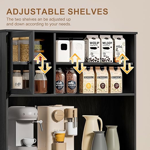 OLD CAPTAIN Tilt Out Trash Cabinet with Deodorising Function, Kitchen Hutch with Microwave Shelf and Drawer, Kitchen Pantry with Trash Cabinet for 10 Gallons, Black