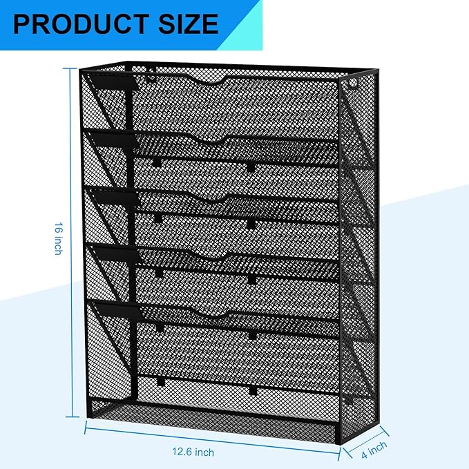 Hanging Wall File Organizer 6 Tier Wall Mounted Mail Paper Folder Holder Document Organization Stand, Vertical Desk Magazine Rack for Office Home Cubicle Countertop, Black