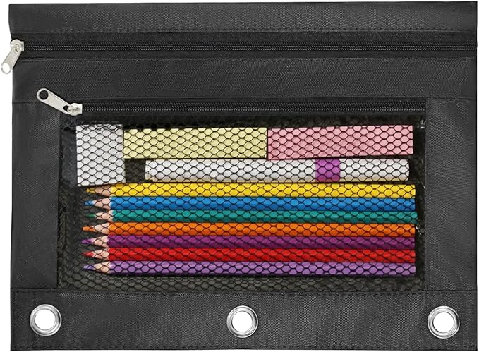 3 Ring Binder Pencil Pouch - School Pencil Case with 2 Zippered Pockets, Clear Mesh Window Pencil Bag, B5 Size, Back to School Gifts (Black)
