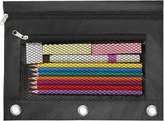 3 Ring Binder Pencil Pouch - School Pencil Case with 2 Zippered Pockets, Clear Mesh Window Pencil Bag, B5 Size, Back to School Gifts (Black)