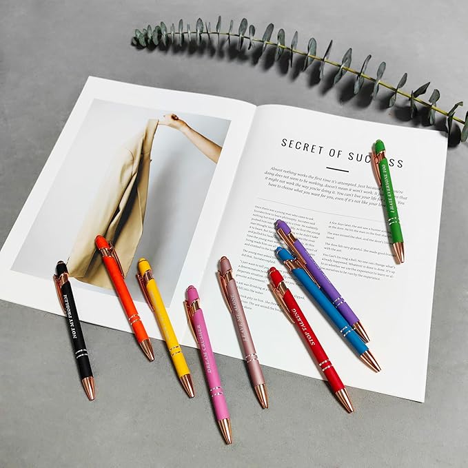 Aozora 9 Pack Ballpoint Pens Smooth Writing 2-in-1 Stylus Retractable Ballpoint Pen with Stylus tip, Office Decor Metal Stylus Pen for Touch Screens, 1.0 mm Black Ink (Funny)