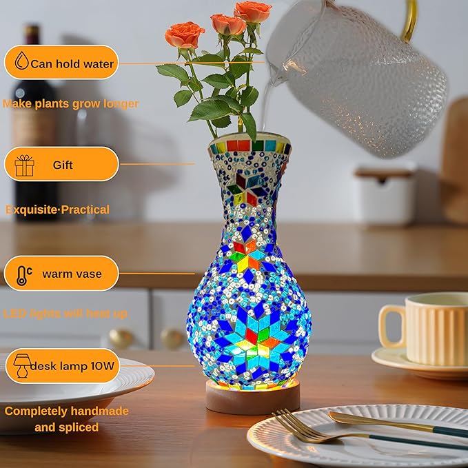 Turkish Moroccan Table Lamp Mosaic Vase Lamp Handmade Glass Vase with Wood Base Decorative Bedside Lighting for Bedroom, Living Room, Farmhouse - USB Plug