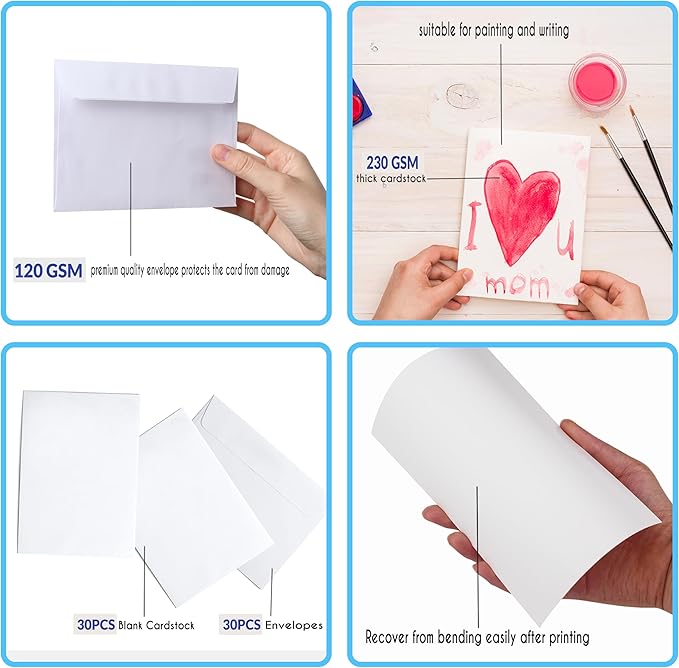 Blank Cards and Envelopes 4x6, 30 Pack White Invitation Card Stock with 30 Pack A4 Size, Self-Seal Thank you Blank Greeting Cards with Envelopes for All Occasion DIY, Print custom