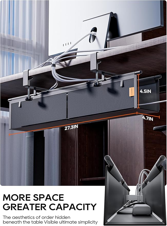 Under Desk Cable Management Tray No Drill, Cable Ties Included, Eco-Friendly Canvas Material, Mesh Design for Heat Dissipation, Cable Organizer/Storage for Standing Desk(27inch, Black)