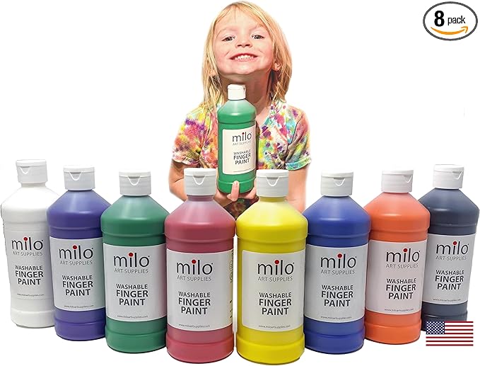 milo Kid's Washable Finger Paint Set of 8 Colors | 16 oz Bottles | Safe and Non-Toxic | Made in the USA | Art & Craft Paints for Kids, Toddlers, Pre School Supplies Painting Set for Children | Easy