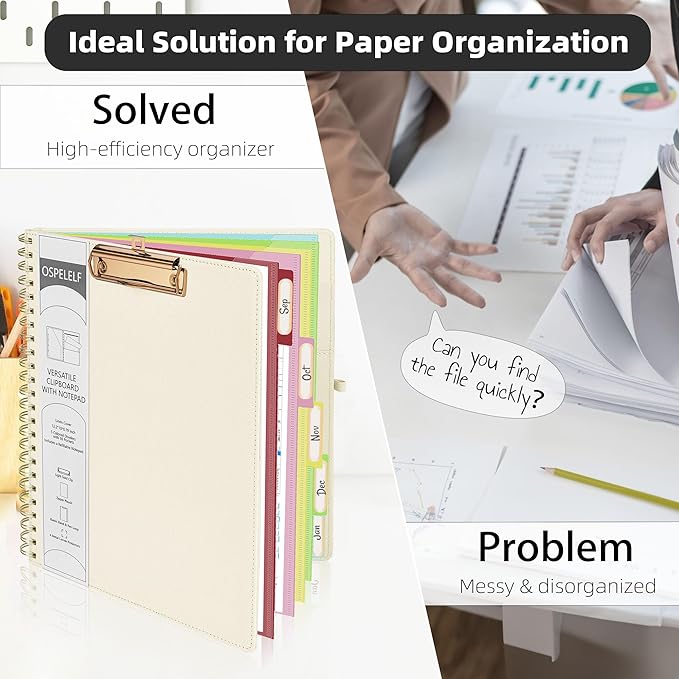 Ospelelf Foldable Spiral Clipboard Folio with Storage Zipper Pouch, 5 Plastic Folders with 10 Pockets, Refillable Lined Notepad (11" x 8.5"), Linen Hardcover Project Organizer (Beige)