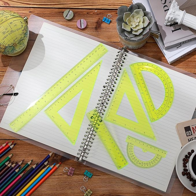 Tenare 6 Pcs Plastic Ruler Math Set Includes 12 Inch 6 Inch Straight Protractor Triangle Geometry Transparent Math Ruler Measuring Tools for School Office Home(Yellow)