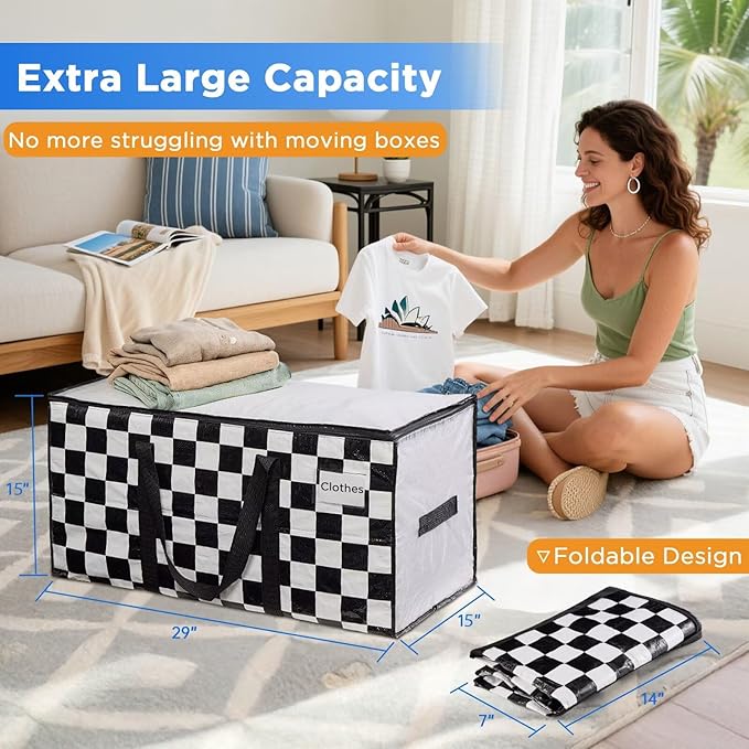 Extra Large Moving Bags Heavy Duty Storage Bags with Zipper Handles, BETU 1 Pack Clothes Storage Totes Bins Packing Moving Boxes, Moving Supplies for College Dorm Essentials, Space Saving,White Plaid