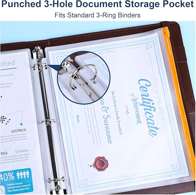 Antner 50PCS Letter Size Binder Pockets for 3 Ring Binder, 10 Assorted Colors Zipper Pouches Waterproof PVC Document Organizer File Folders 3-Hole Loose Leaf Insert Bags Page Sleeves Sheet Protectors