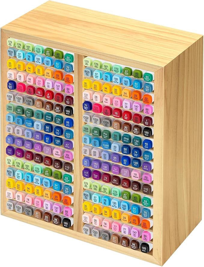 PROLEE Marker Storage Organizer for 224 Markers,Wooden Alcohol Marker Holder with 32 Slots,Markers Pens Pencils Art Supply Storage Rack for Desk Home Classroom Office Decor (Natural, 15“x11”x5.2 “)