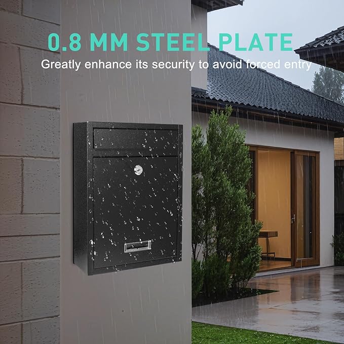 Locking Steel Mailbox, Wall Mounted - Post Office Box, Extra Large Space Secure, Comes with 2 Keys 3 Sets 0-9 Numbers - Dimensions 10.3" L x 3.35" W x 13.8" H, Black