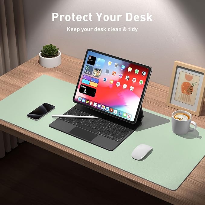 Aothia Large PU Leather Desk Pad Protector – Non-Slip Mouse Pad & Writing Mat for Office/Home, Waterproof, Easy to Clean (36" x 17", Aqua)