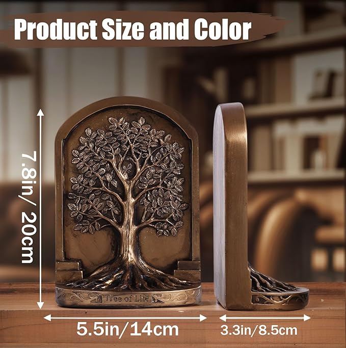 Large Vintage Bronze Finish Tree of Life Bookends Set, 2 Non-Skid Heavy Bookends for Shelves or Bookcase, Decorative Bookends for Desktop Shelf Decor, Library Office Decor, Home Décor Gift