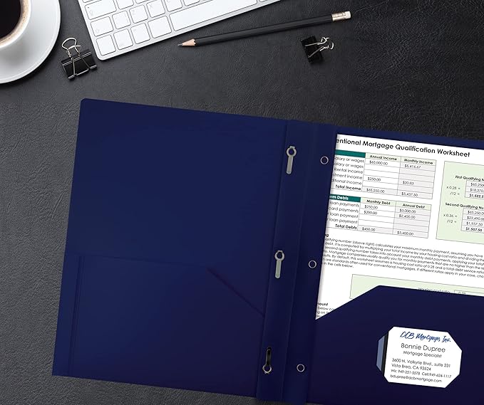 Better Office Products Blue Plastic 2 Pocket Folders with Prongs, Heavyweight, Letter Size Poly Folders, 24 Pack, with 3 Metal Prongs Fastener Clips, Blue