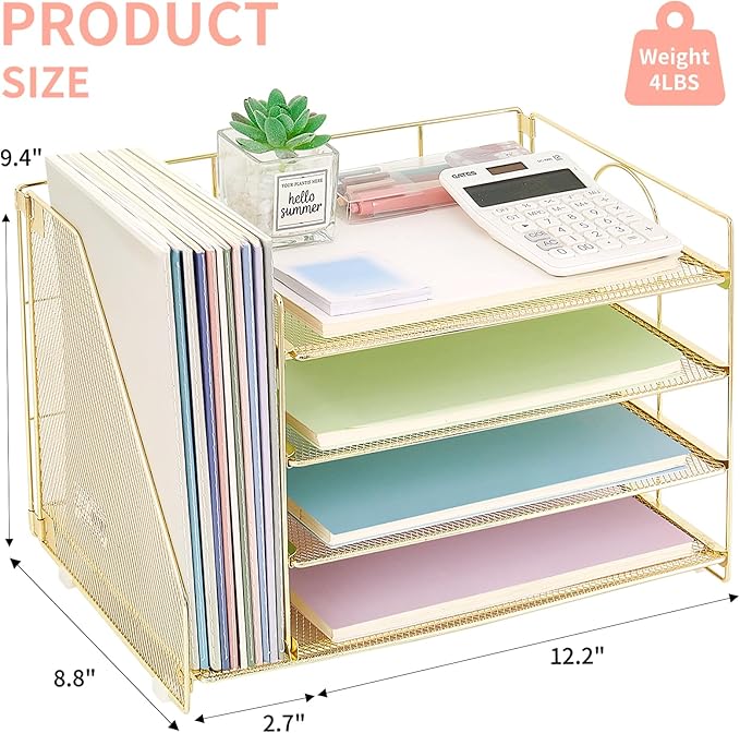 OPNICE 4-Tier Paper Organizer with Magazine Holder, Desk Organizers and Accessories, Office Desk Accessories & Workspace Organizers, Desktop File Organizer for Office Supplies Storage, Gold