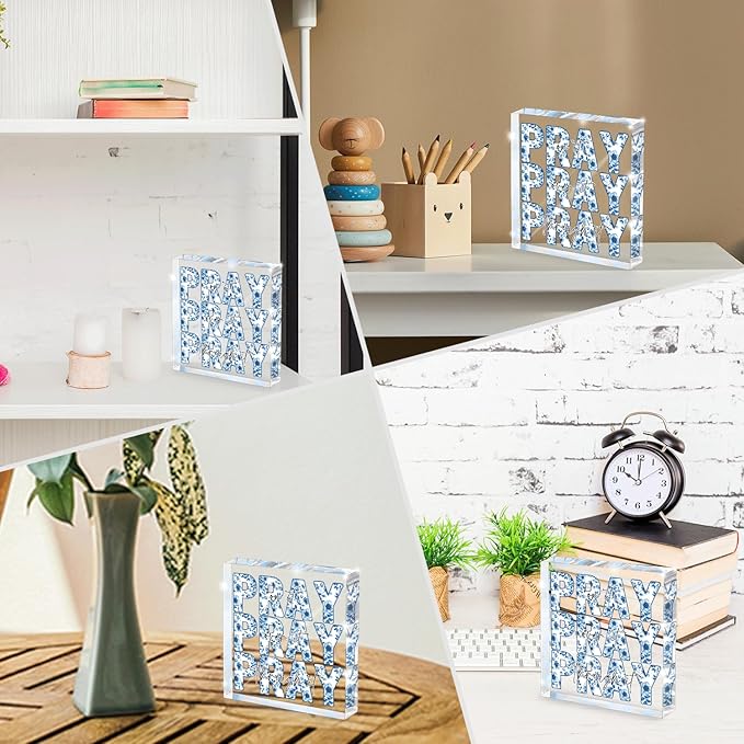 Blue and White Inspirational Decor, Desk Decorations for Office, Ideal Christian Gifts for Women - Pray On It,Pray Over It - Bible Verse Desk Art, Dorm Room Decor for Women,(Blue and White)