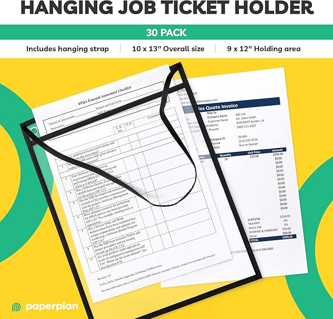Hanging Job Ticket Holders 9x12 - (30 Pack), 8.5 x 11 Letter Size, Dry Erase Pockets, Clear & Black Plastic Sleeves - Reusable, Water-Resistant