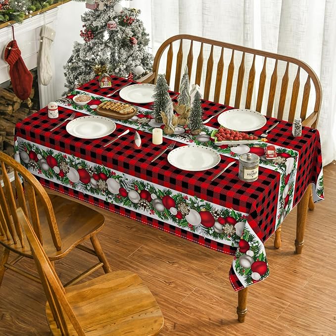 Horaldaily Christmas Tablecloth 60×120 Inch, Christmas Ball Ornaments Red Bufalo Plaid Washable Table Cover for Party Picnic Dinner Decor